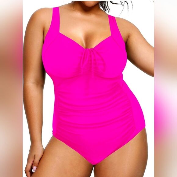 DACI Retro Tummy Control Ruched Barbie Hot Pink Adjustable Plus Swimsuit NWT 20W - Picture 7 of 13